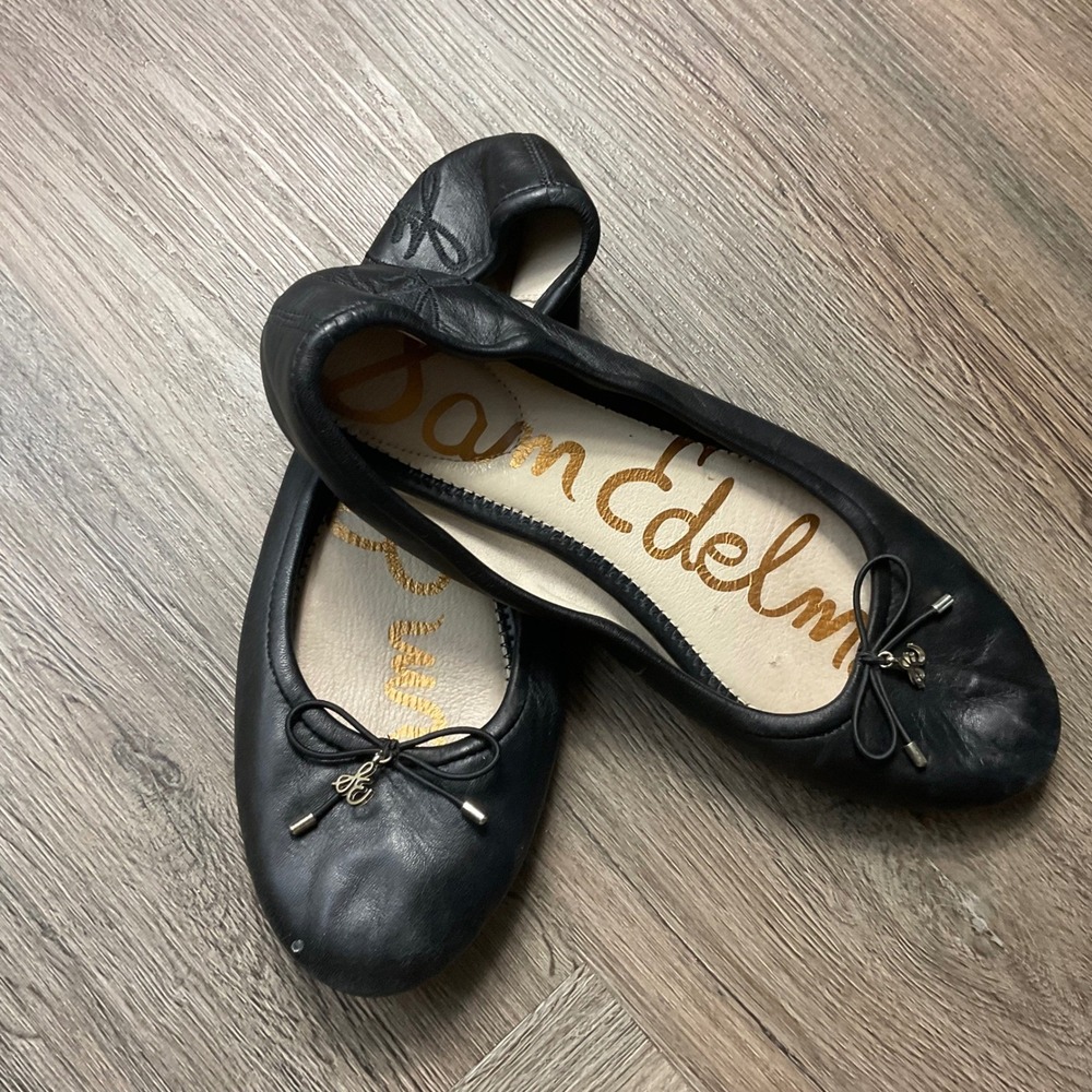 Sam Edelman Felicia Ballet Flats Womens 8M 38 Black Leather Bow Logo Charm